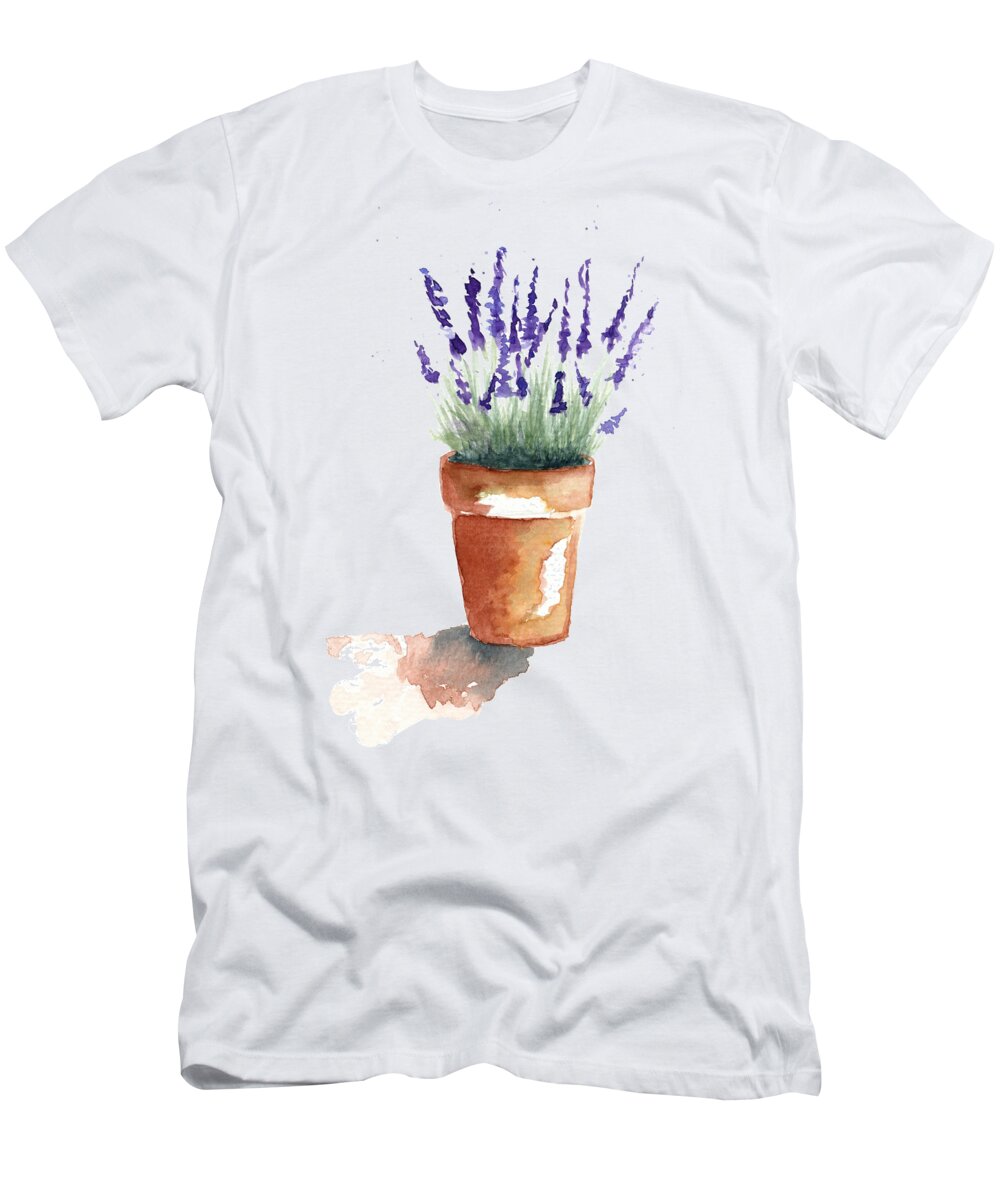 Lavender T-Shirt featuring the painting Lavender Plant In Terra Cotta Pot by Deborah League