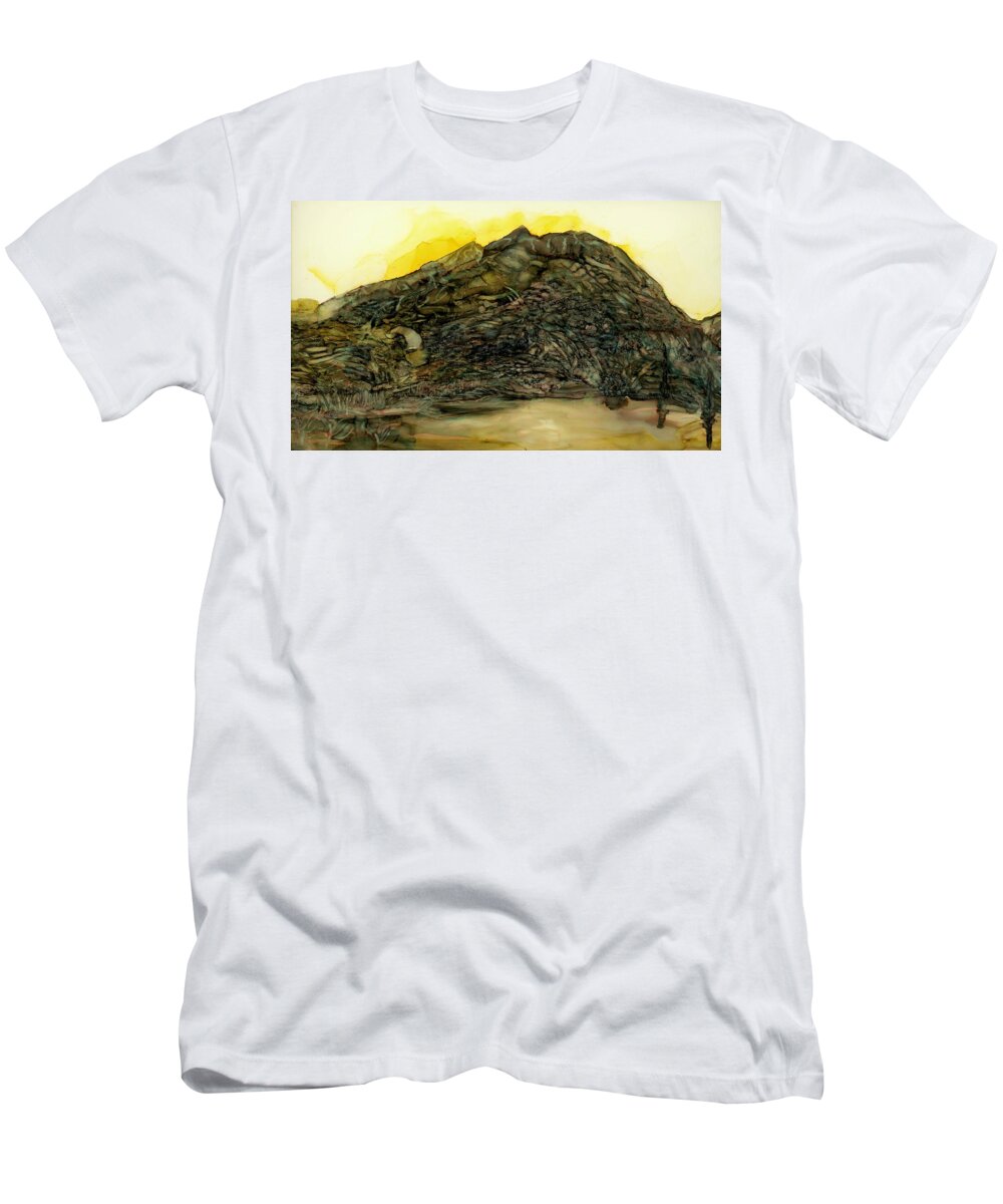 Mountain T-Shirt featuring the painting Learning patience at the tarn by Angela Marinari