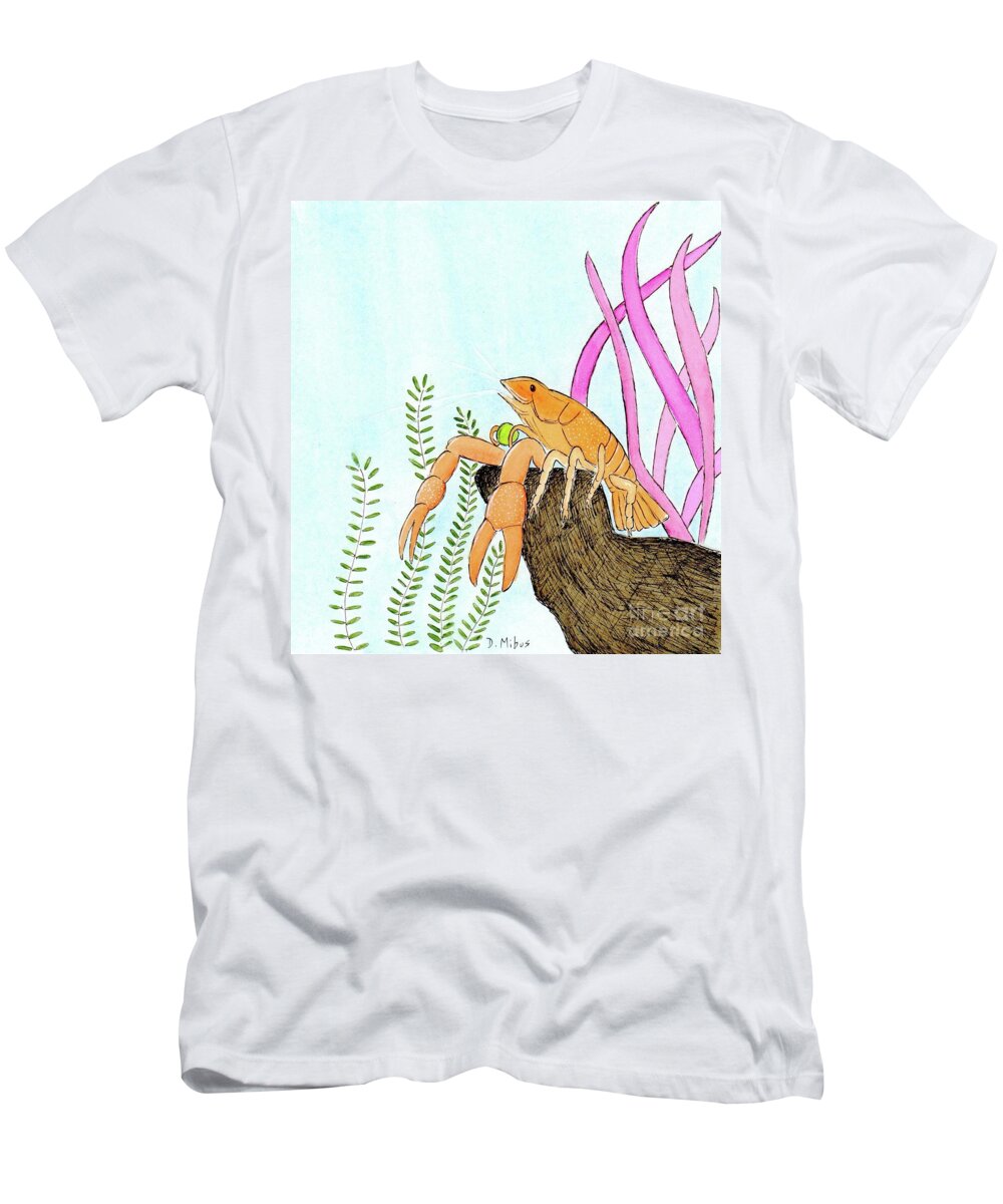 Aquarium T-Shirt featuring the painting Leo the Aquarium Lobster Enjoys a Pea by Donna Mibus