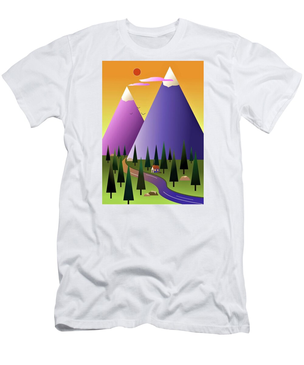 Mountains T-Shirt featuring the digital art Little cottage 'neath the mountains by Fatline Graphic Art
