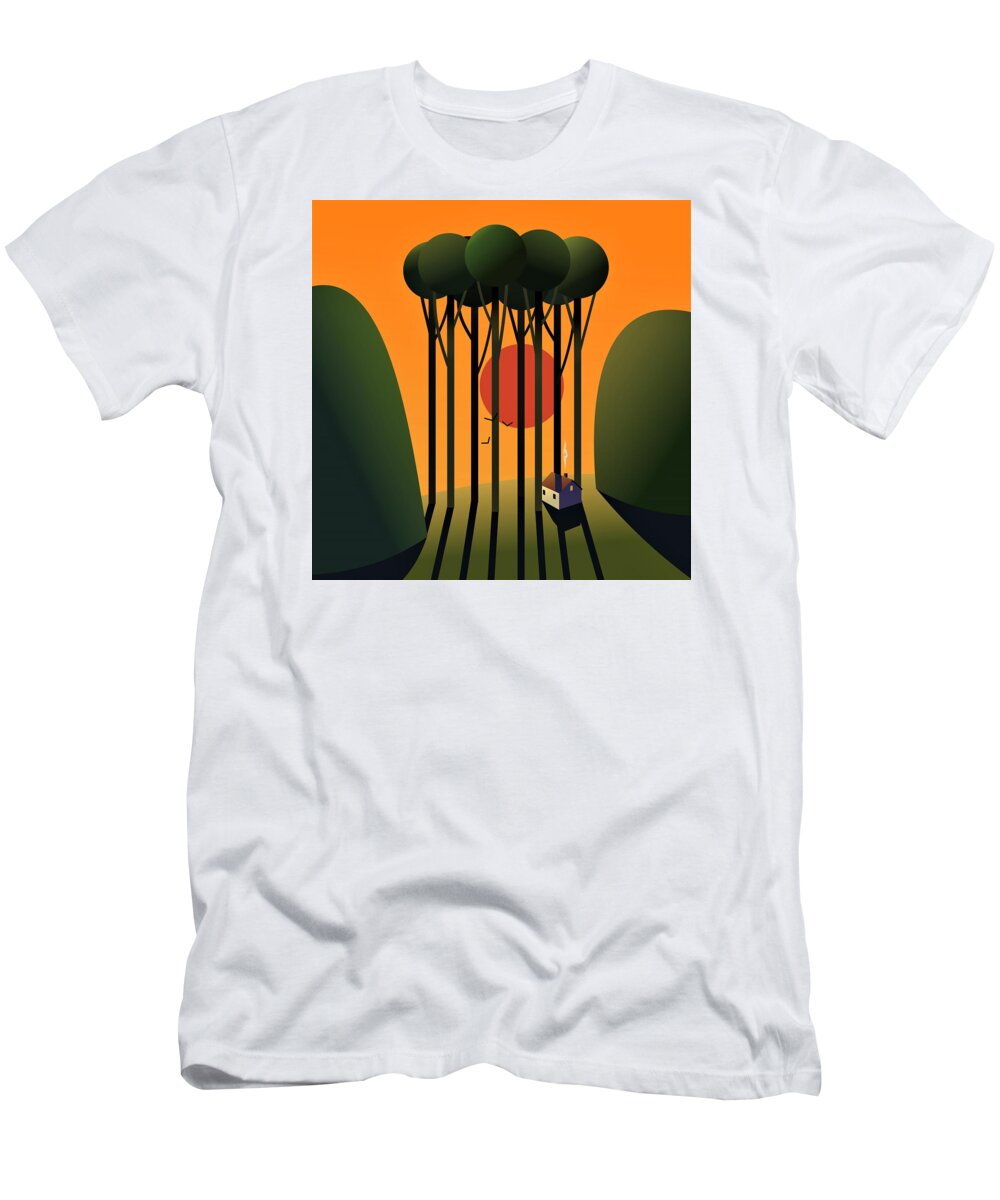 Trees T-Shirt featuring the digital art Little House Beneath the Trees by Fatline Graphic Art