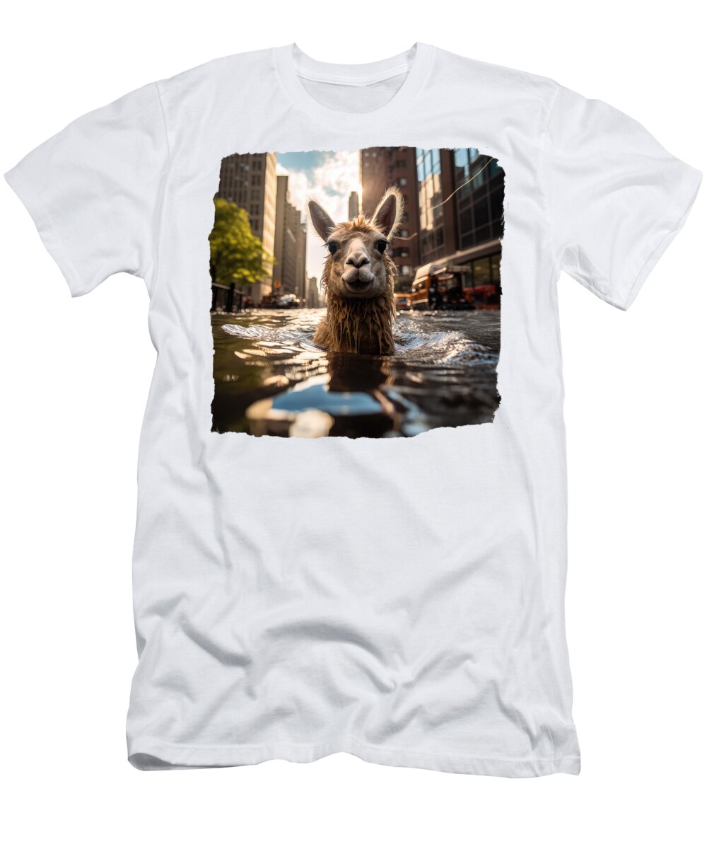 Llama T-Shirt featuring the digital art Llama in Flooded New York by Elisabeth Lucas