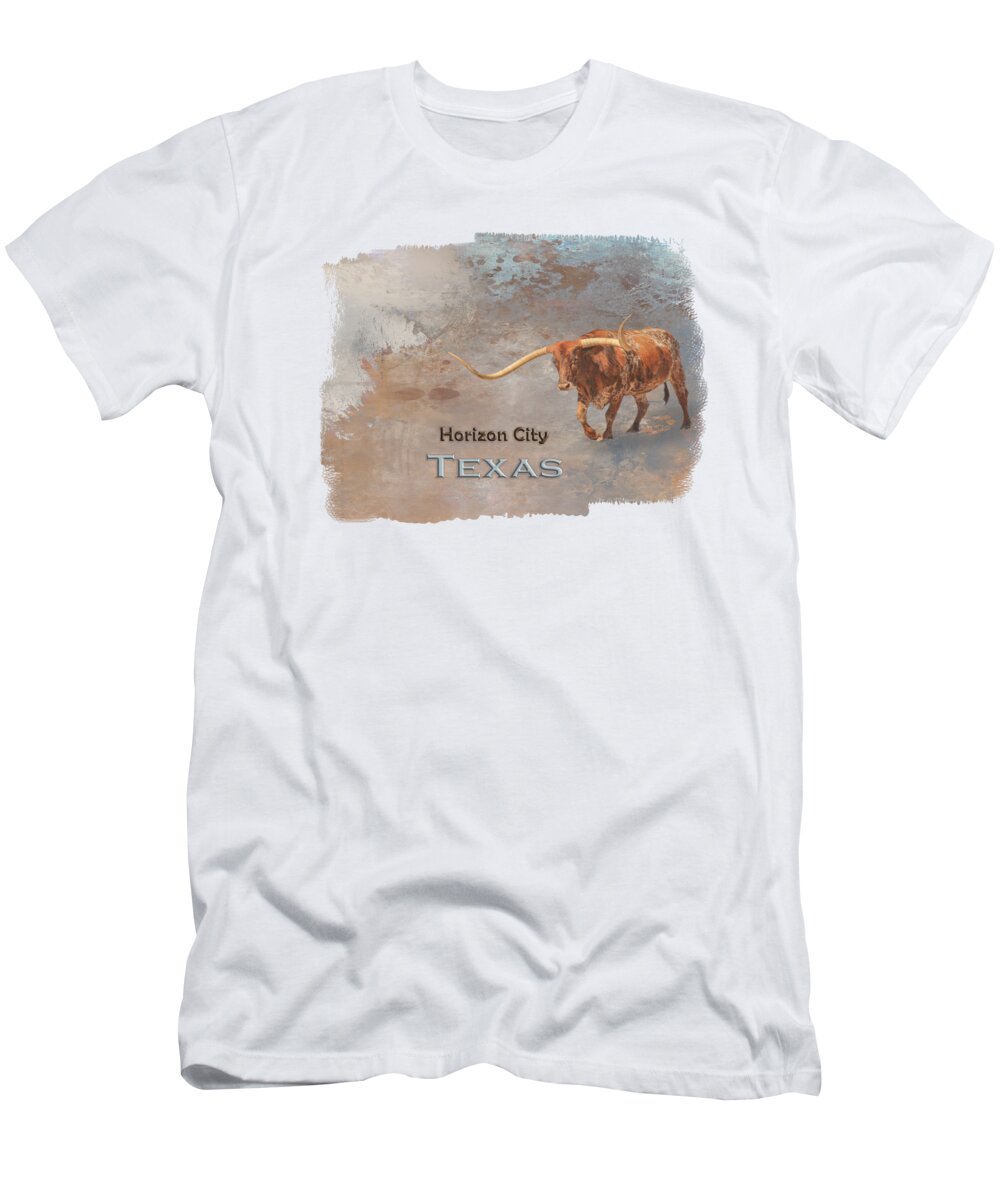 Horizon City T-Shirt featuring the mixed media Longhorn Bull Horizon City by Elisabeth Lucas