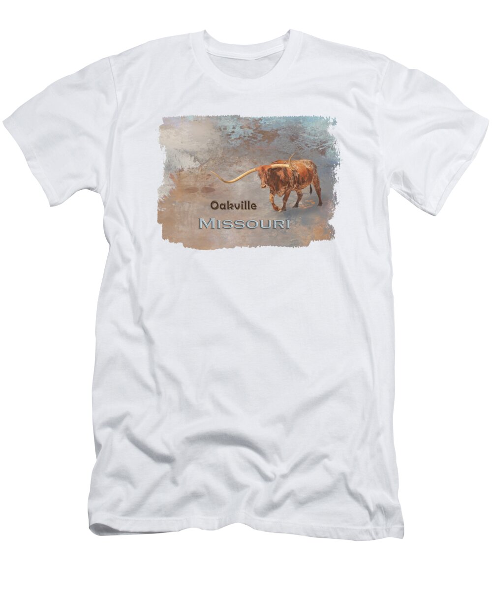 Oakville T-Shirt featuring the mixed media Longhorn Bull Oakville MO by Elisabeth Lucas