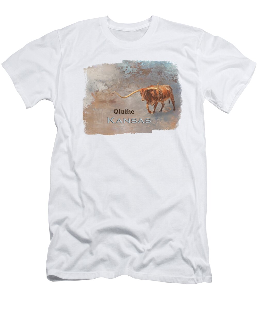 Olathe T-Shirt featuring the mixed media Longhorn Bull Olathe Kansas by Elisabeth Lucas