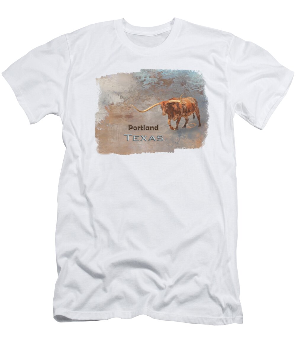 Portland T-Shirt featuring the mixed media Longhorn Bull Portland by Elisabeth Lucas