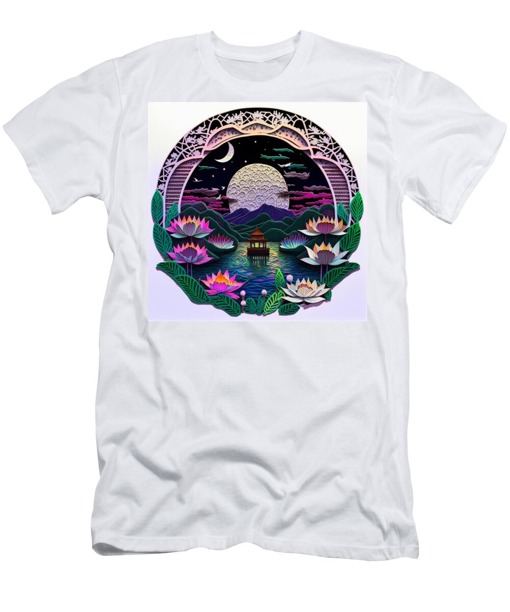 Paper Craft T-Shirt featuring the mixed media Lotus Pier I by Jay Schankman