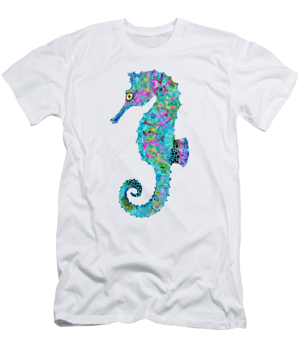 Mandala T-Shirt featuring the painting Magical Seahorse - Beachy Beach Art - Sharon Cummings by Sharon Cummings