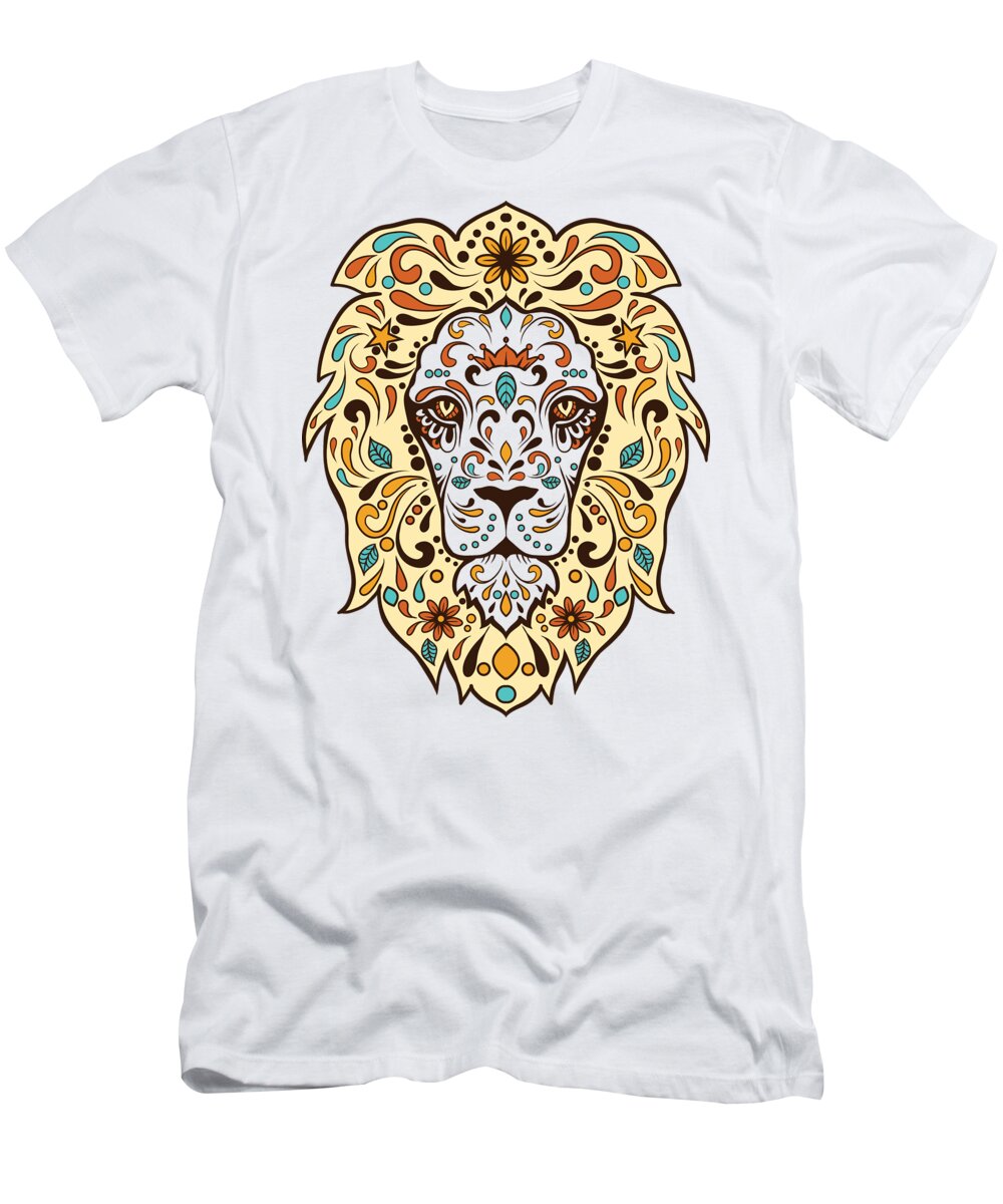 Lion T-Shirt featuring the digital art Majestic African Sugar Skull Lion by Jacob Zelazny