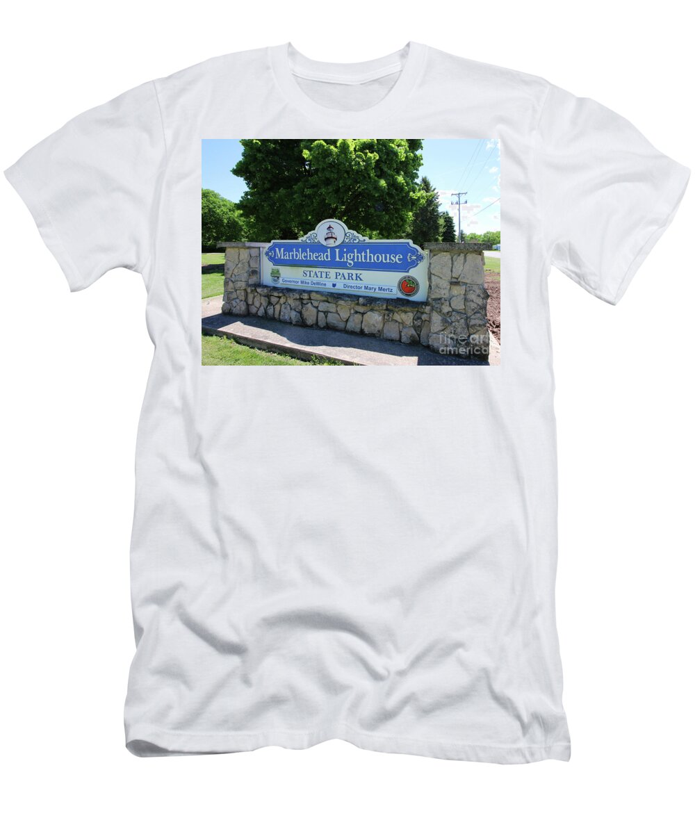 Sign T-Shirt featuring the photograph Marblehead Lighthouse Sign Ohio 6672 by Jack Schultz