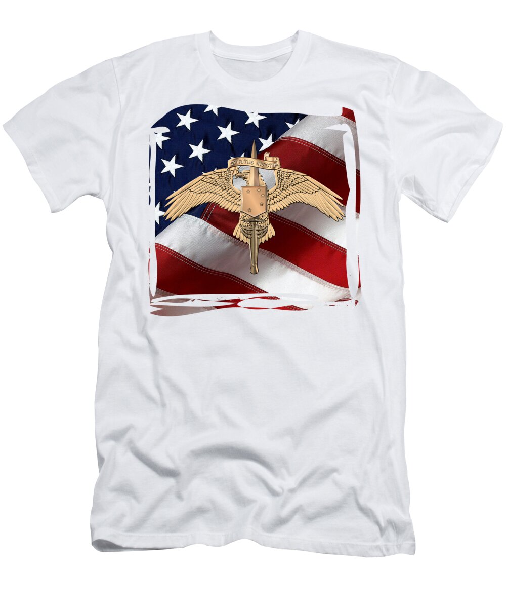 Military Insignia & Heraldry Collection By Serge Averbukh T-Shirt featuring the digital art Marine Special Operator Insignia - USMC Raider Dagger Badge over American Flag by Serge Averbukh