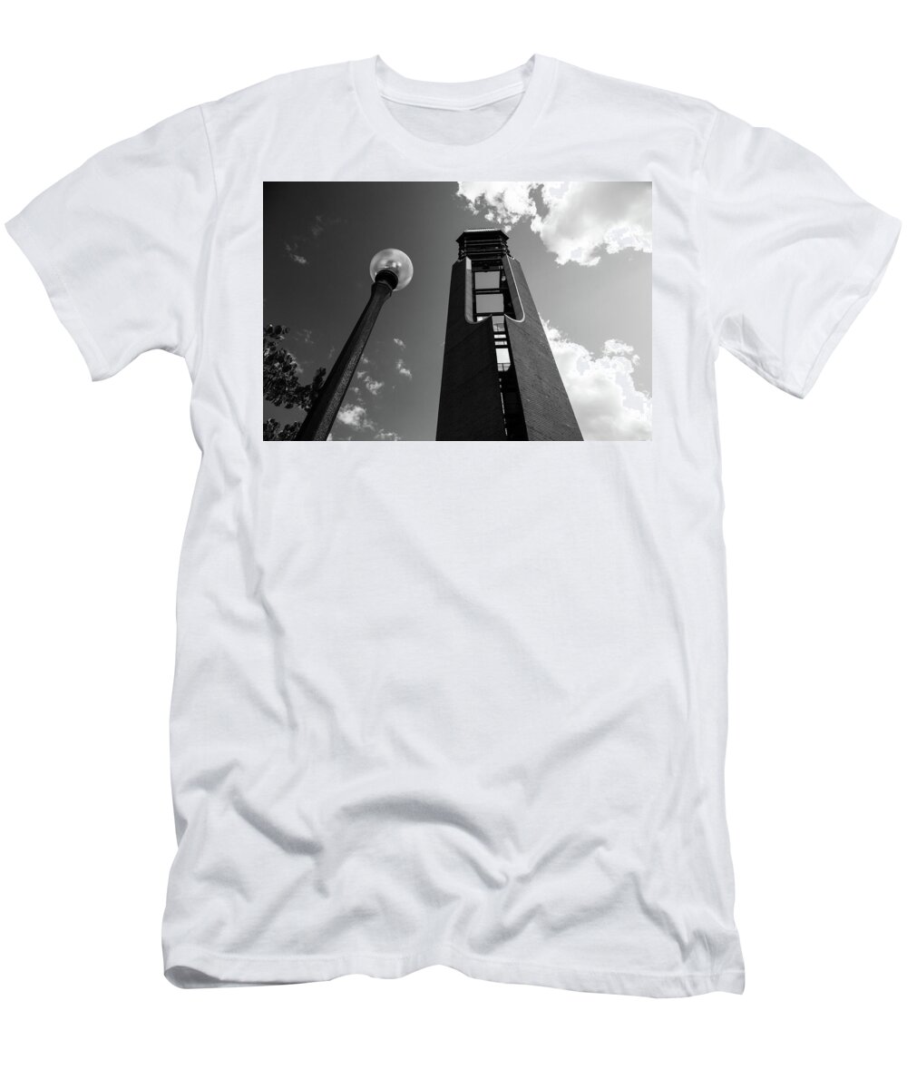 University Of Illinois T-Shirt featuring the photograph McFarland Memorial Bell Tower at the University of Illinois in black and white by Eldon McGraw