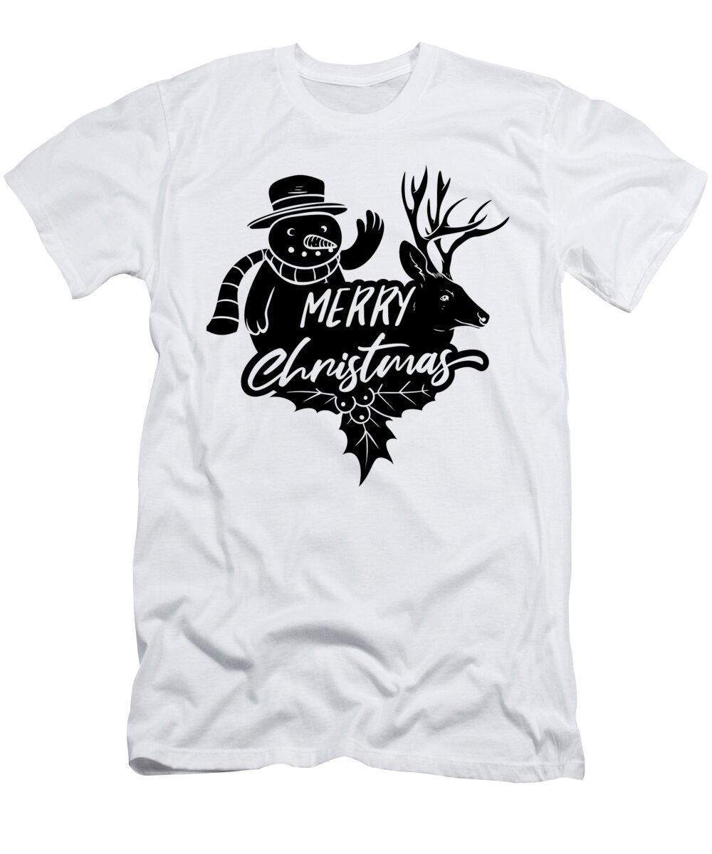 Merry T-Shirt featuring the digital art Merry Christmas Snowman Reindeer by Jacob Zelazny