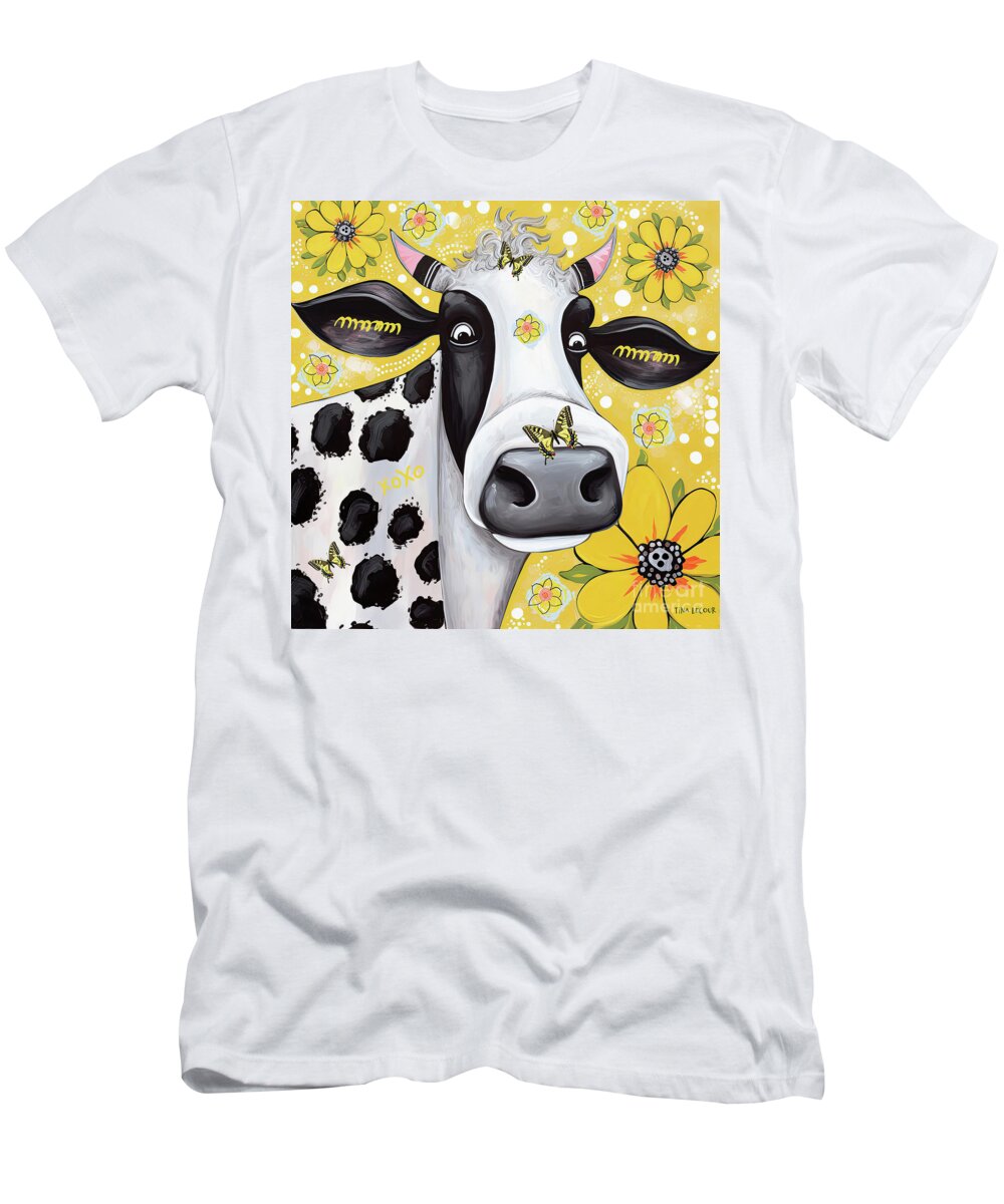Black And White Cow T-Shirt featuring the painting Mesmerized By The Butterfly by Tina LeCour