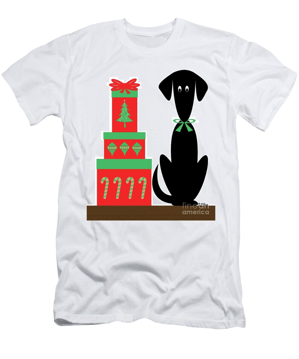 Mid Century Modern T-Shirt featuring the digital art Mid Century Holiday Dog with Presents by Donna Mibus