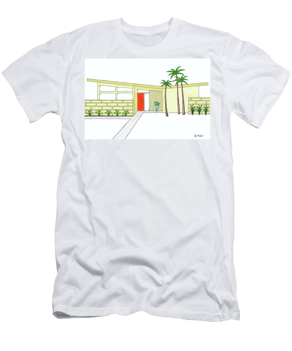 Mid Century Modern House T-Shirt featuring the drawing Mid Century House with Butterfly Roof by Donna Mibus