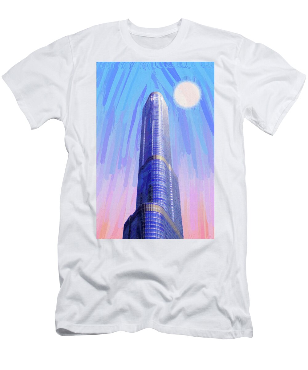 Panorama T-Shirt featuring the painting Minimalism in Architecture - Trump Tower in Chicago, IL, USA. 2a - painting by Ahmet Asar by Celestial Images