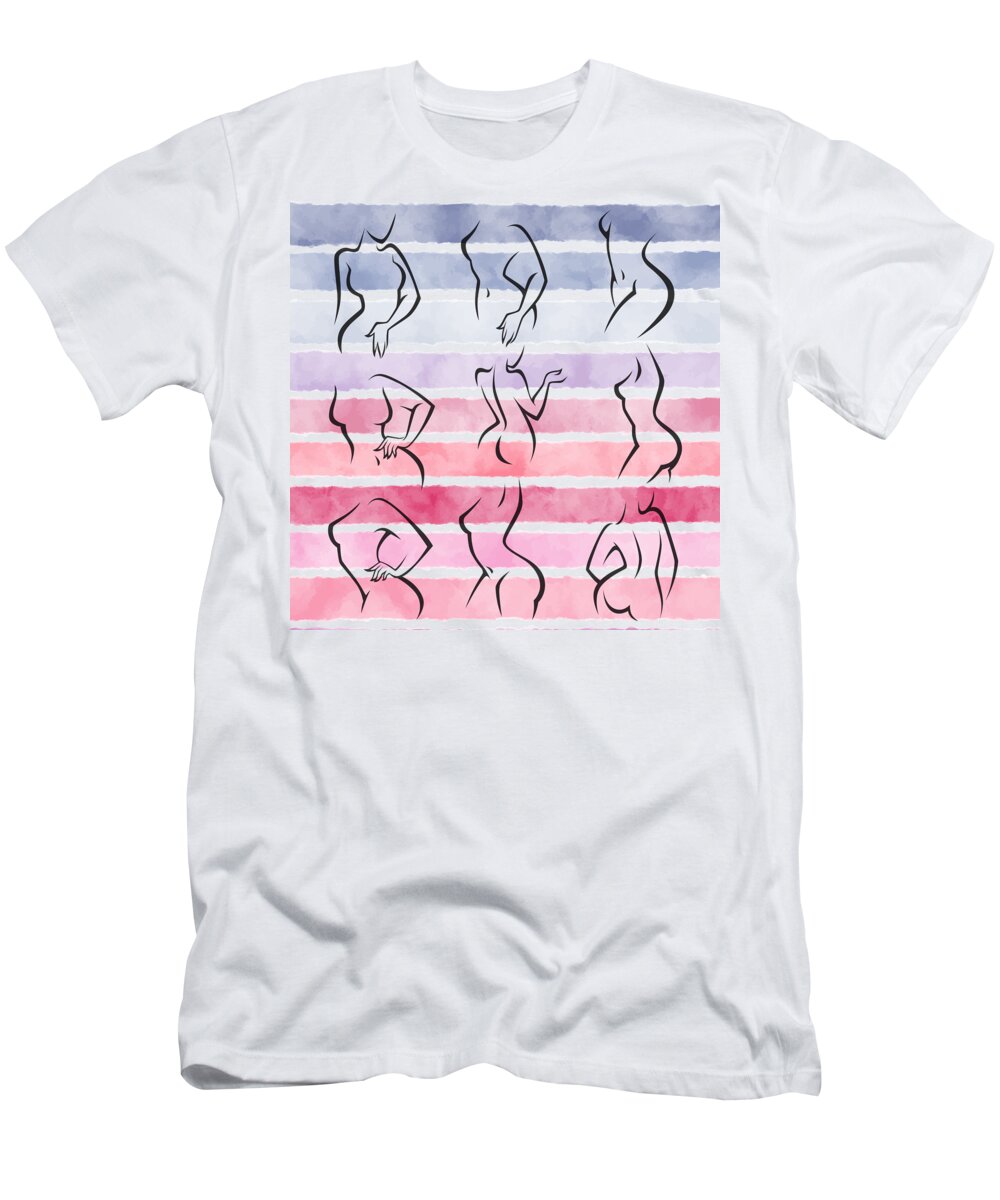 Minimal T-Shirt featuring the drawing Minimalist linear intimate hygiene lady poses collection gradient watercolor stripes background by Mounir Khalfouf