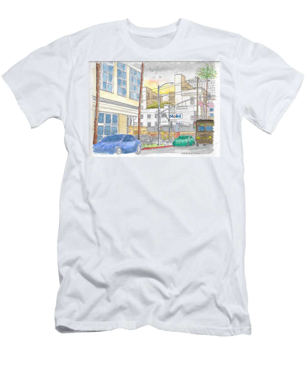 Mobil Gasoline Station T-Shirt featuring the painting Mobil Gas Station, Sunset Blvd, Hollywood, California by Carlos G Groppa