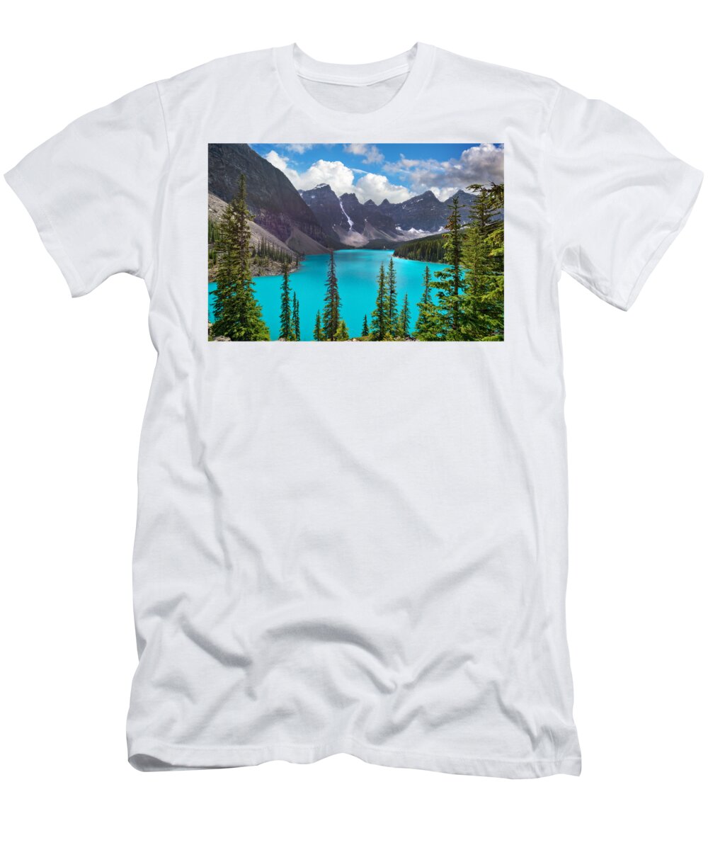 Moraine T-Shirt featuring the photograph Moraine lake, Banff National Park by Delphimages Photo Creations