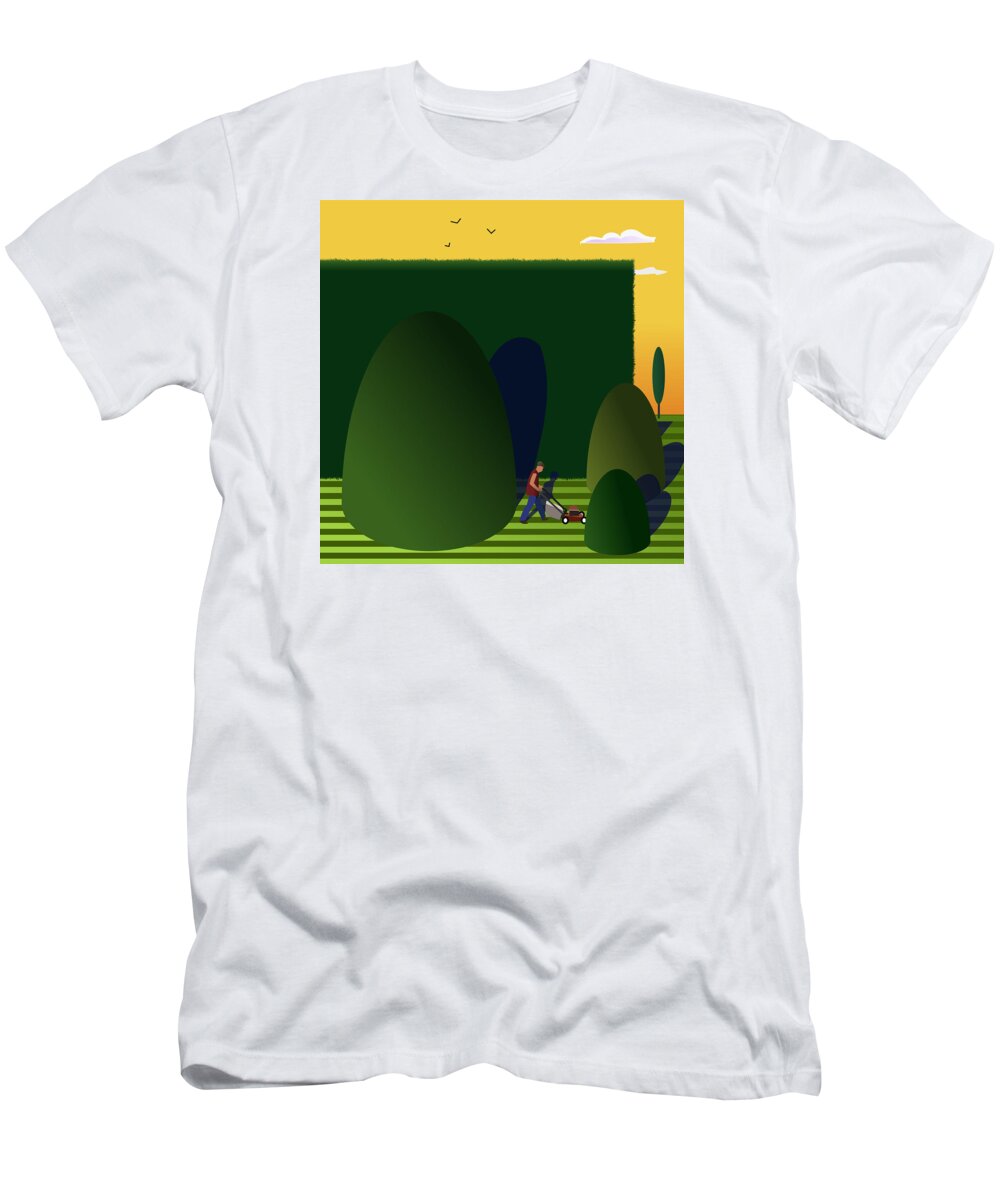 Surrounded By A Huge Hedge And Tall Shrubs T-Shirt featuring the digital art Mowing the lawn. by Fatline Graphic Art