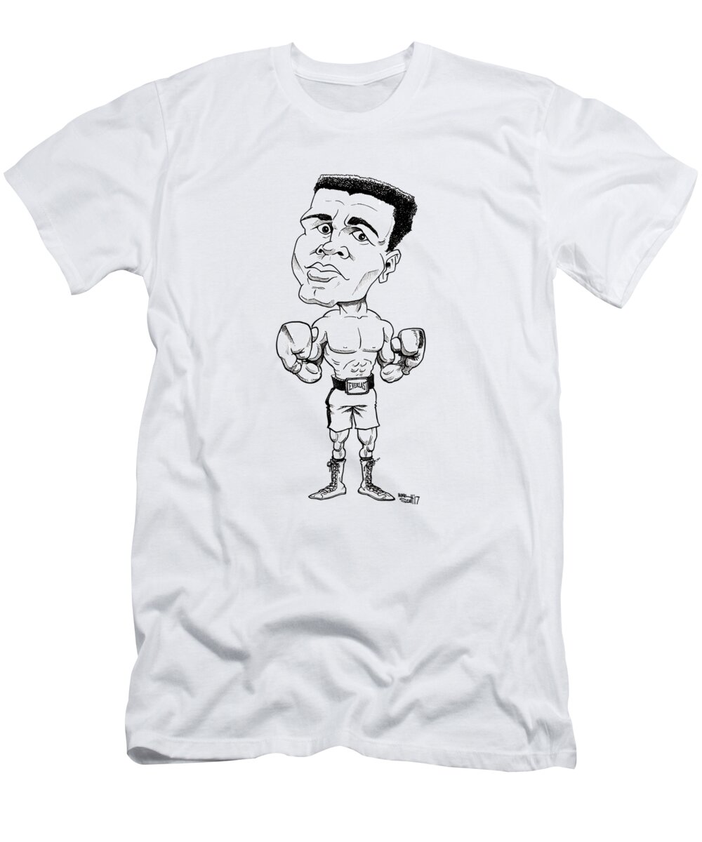 Cartoon T-Shirt featuring the drawing Muhammad Ali, line drawing by Mike Scott