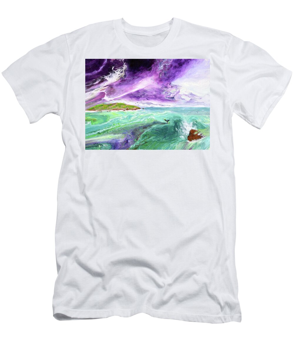 Moody T-Shirt featuring the painting Mysterious Island by Laura Iverson