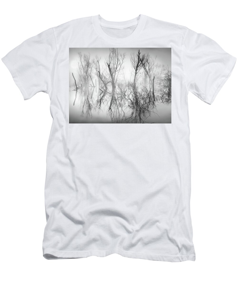 Abstract T-Shirt featuring the photograph Mystical Lake In Black And White by Jordan Hill