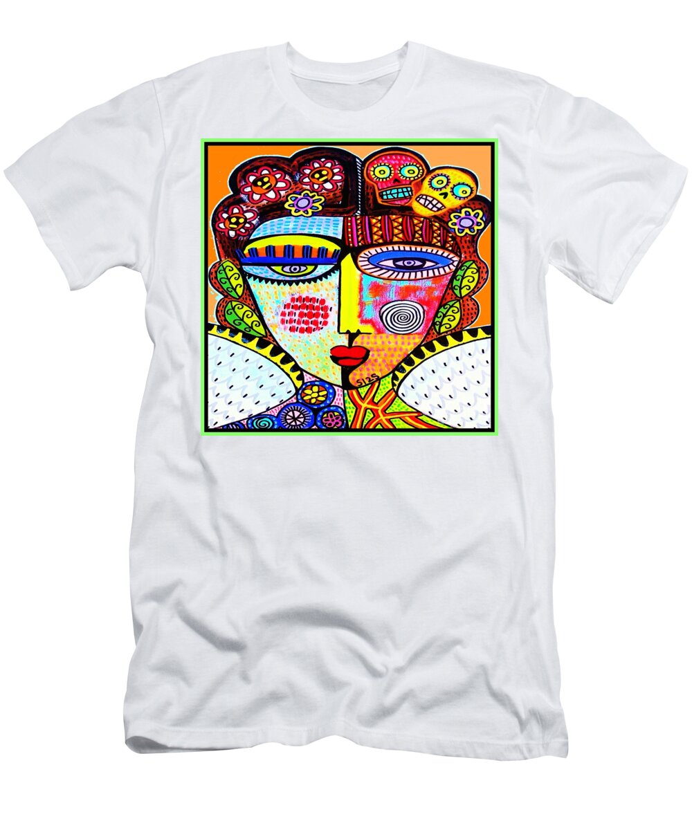 Coral. Peach T-Shirt featuring the painting Mythological Coral Sugar Skull Angel. The Architect of Sunsets by Sandra Silberzweig