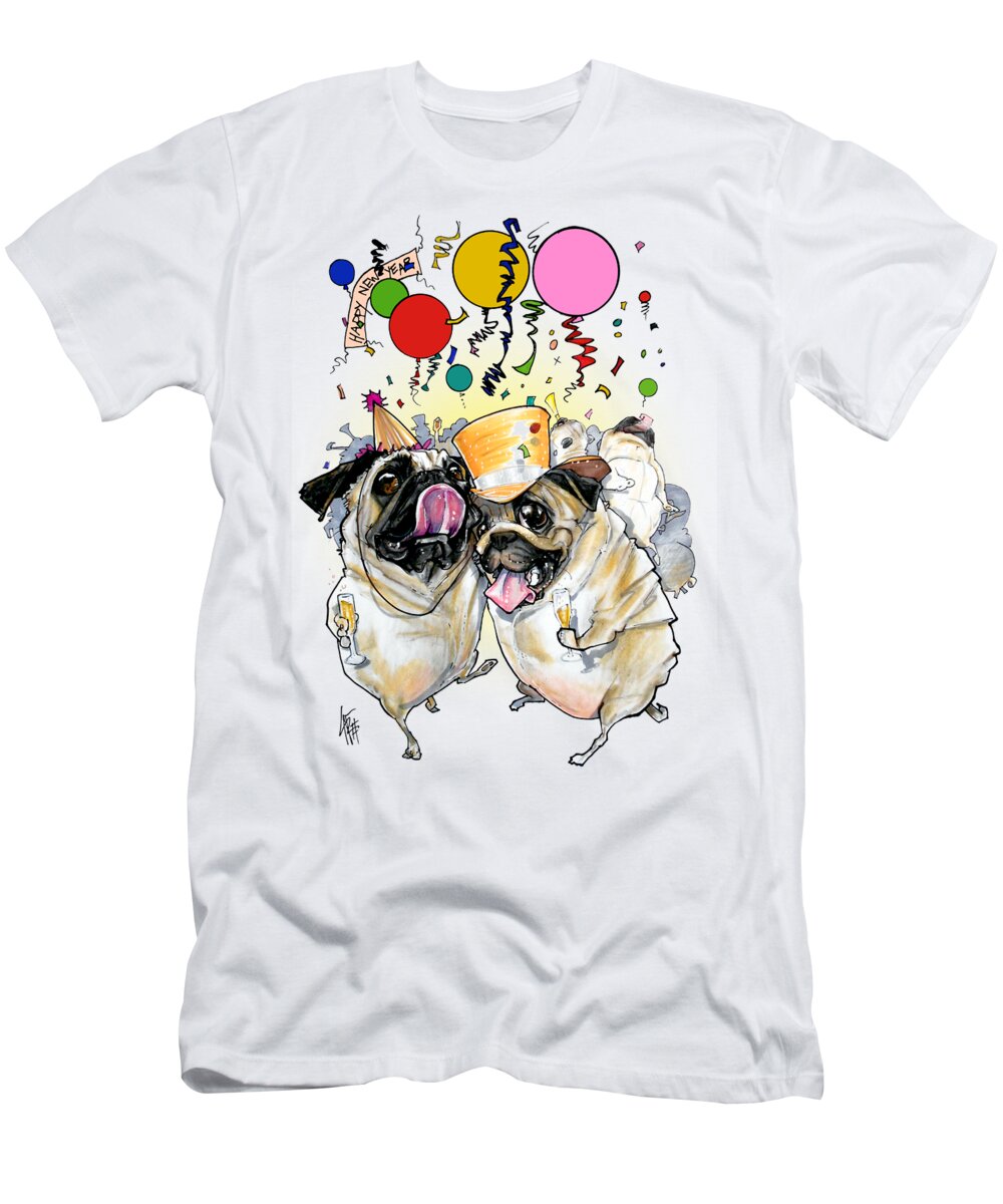 Pug T-Shirt featuring the drawing New Years Pugs by Canine Caricatures By John LaFree