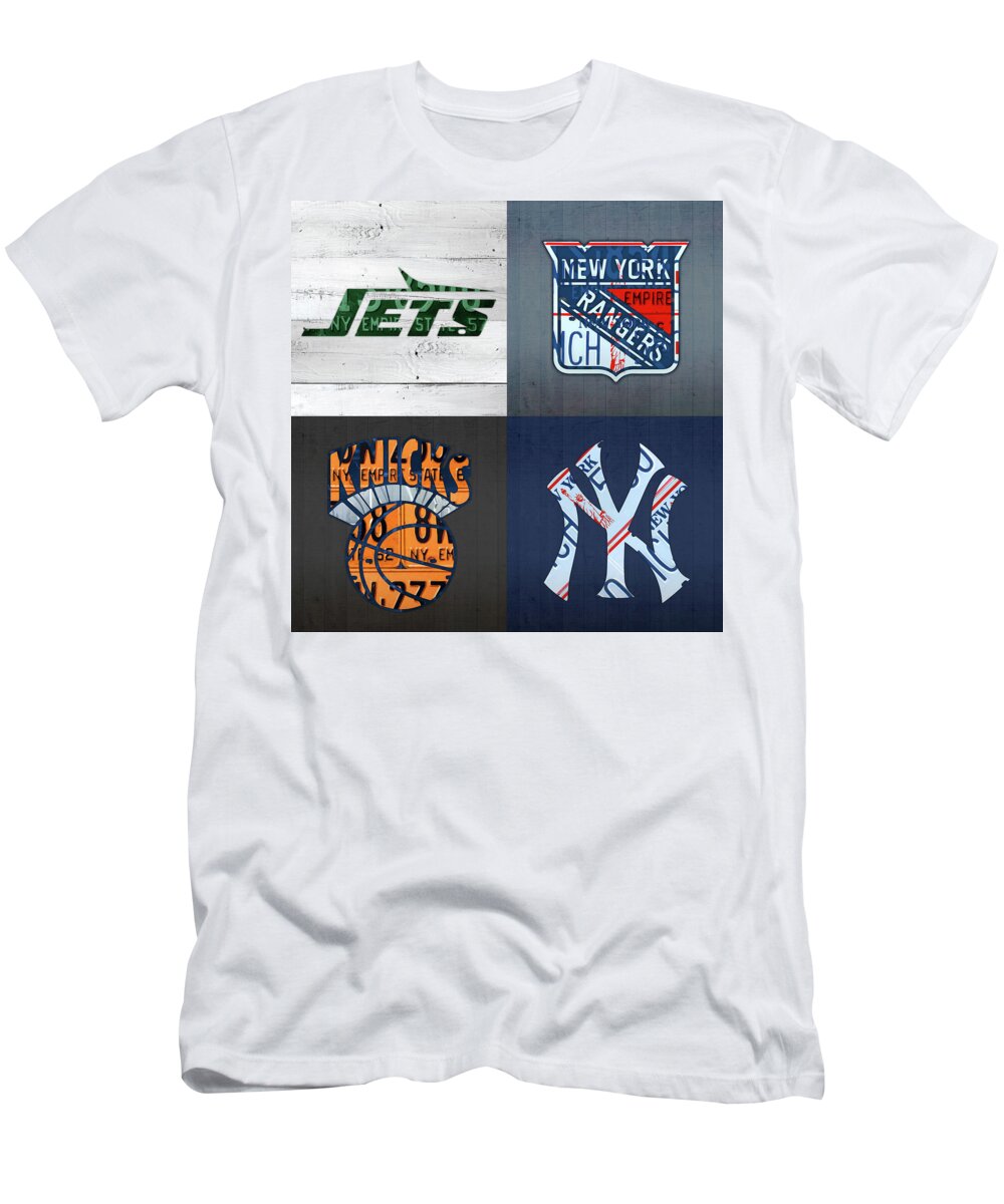 New York Sports Team License Plate Art Jets Rangers Knicks Yankees T-Shirt by Design Turnpike Pixels