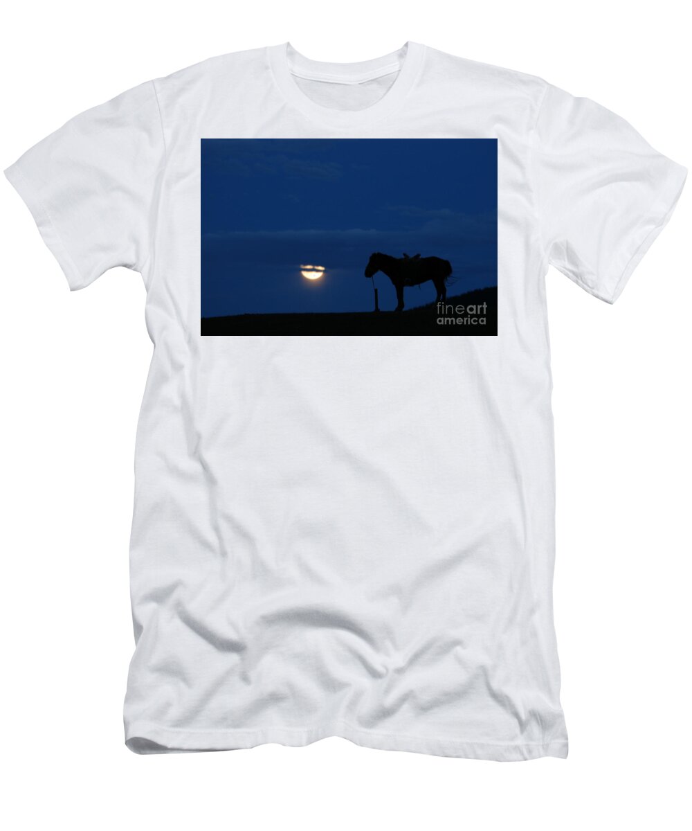 Night Of Moon With Horse T-Shirt featuring the photograph Night of Moon with horse by Elbegzaya Lkhagvasuren