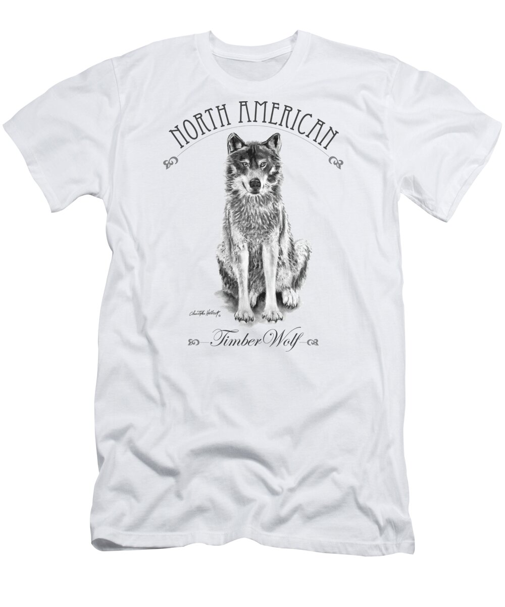 Wolf T-Shirt featuring the drawing North American Timber Wolf - Charcoal on White Background by Christopher Holbert