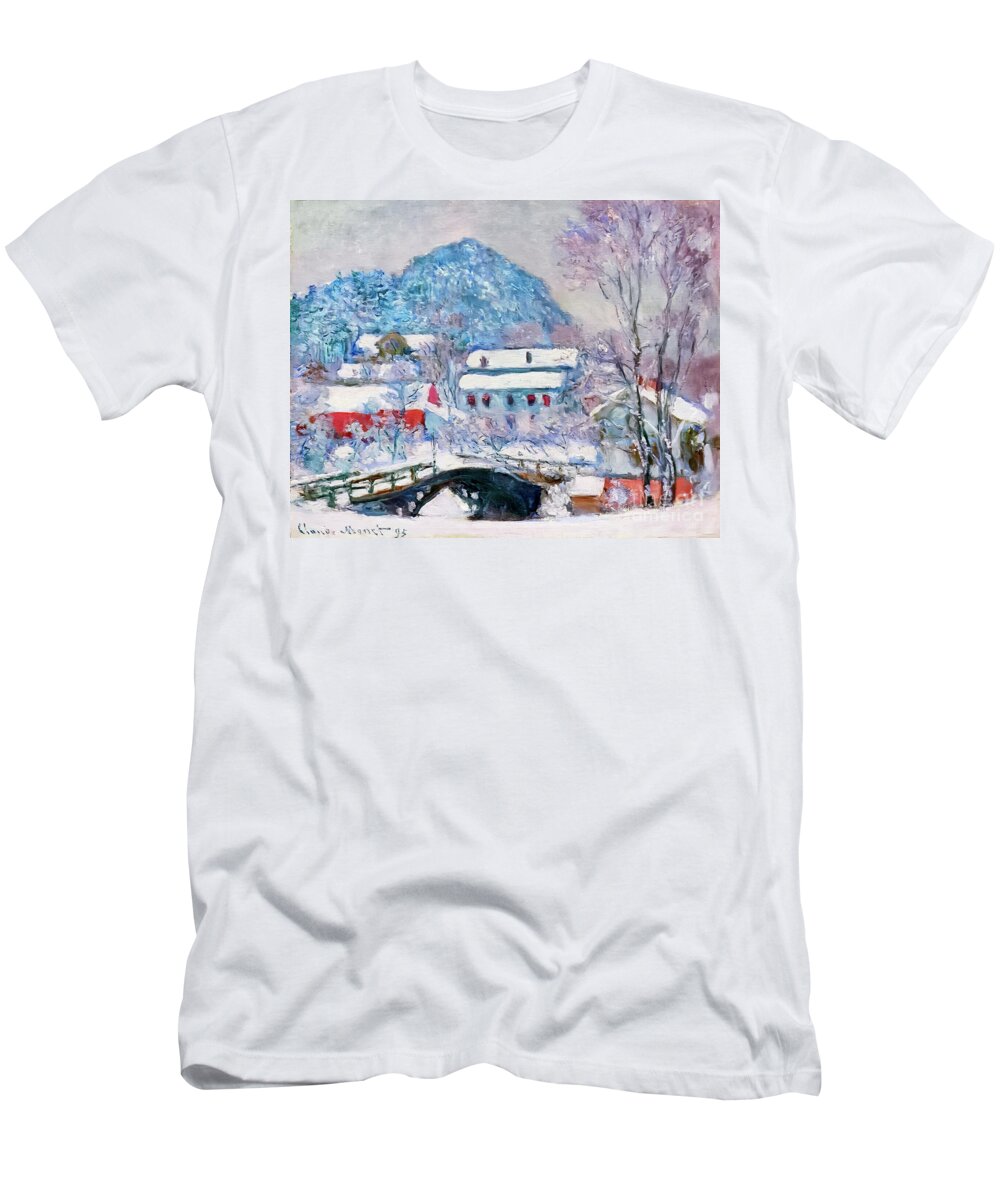 French T-Shirt featuring the painting Norway, Sandviken Village in the Snow by Claude Monet 1895 by Claude Monet