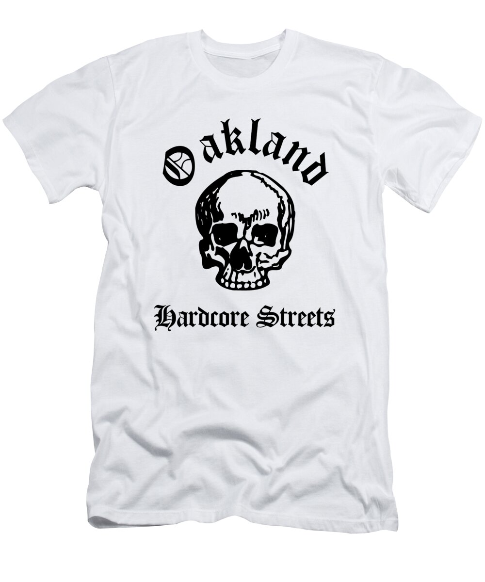Oakland T-Shirt featuring the drawing Oakland California Hardcore Streets Urban Streetwear White Skull, Super Sharp PNG by Kathy Anselmo