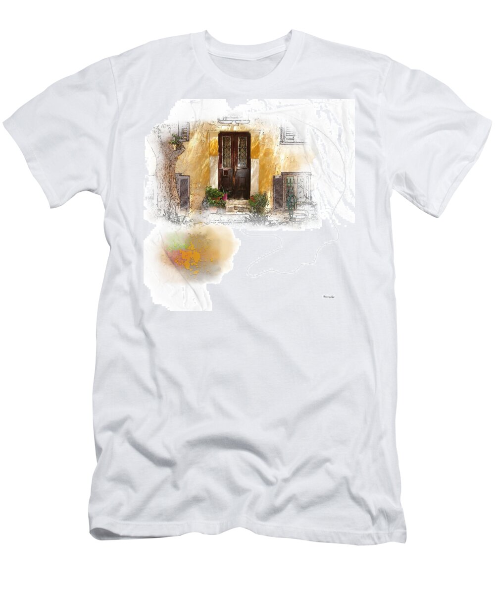 Golden T-Shirt featuring the mixed media Oasis An Urban Courtyard by Moira Law