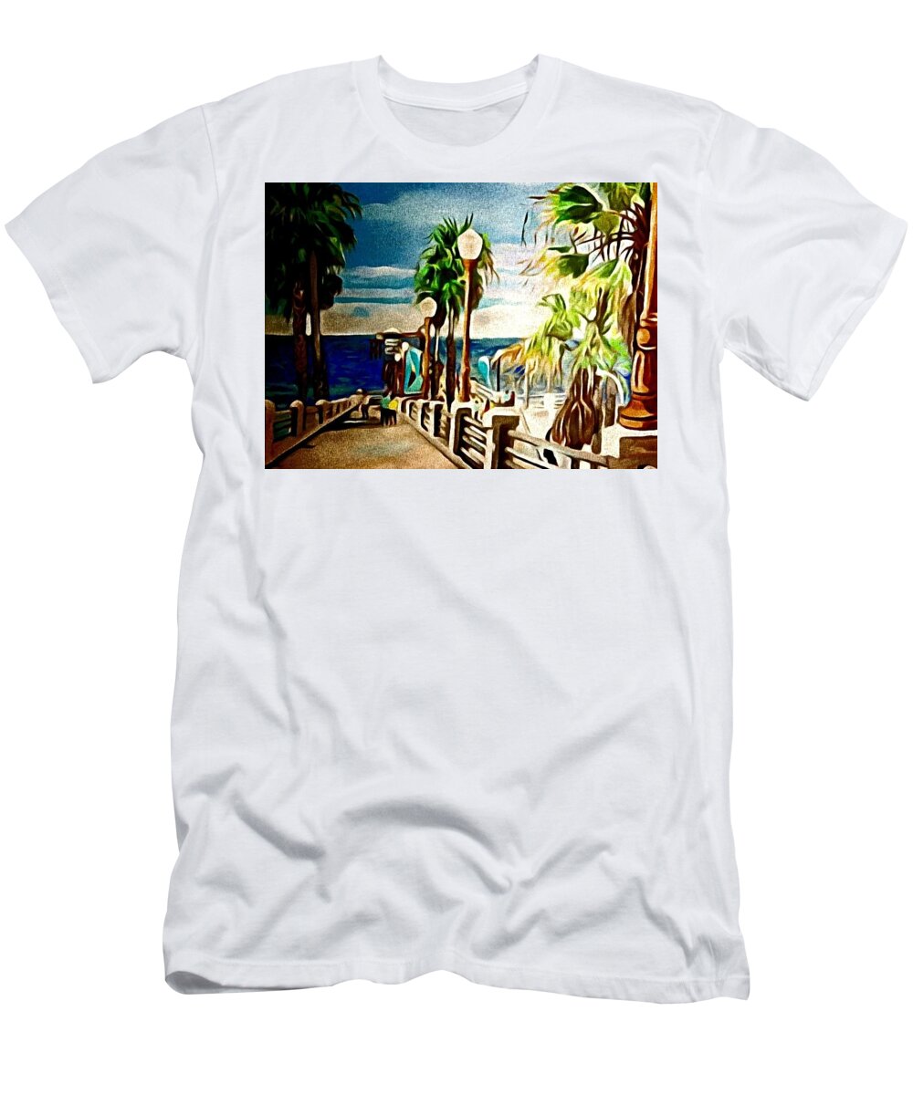 Landscape T-Shirt featuring the painting Oceanside Peir by Andrew Johnson