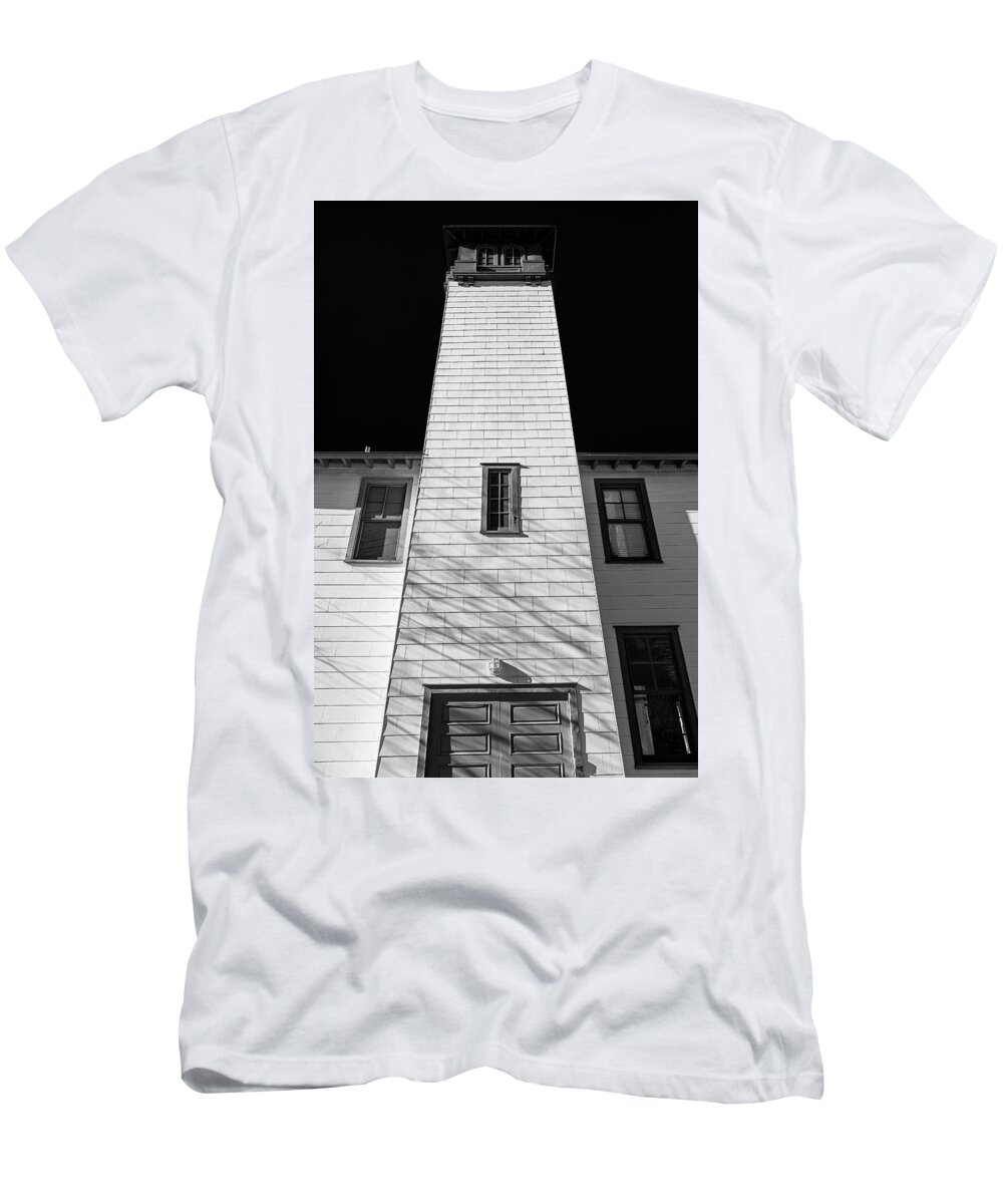 Fulton Ferry Landing T-Shirt featuring the photograph Old Fireboat House at Fulton Ferry Landing Brooklyn New York City Black and White by David Smith