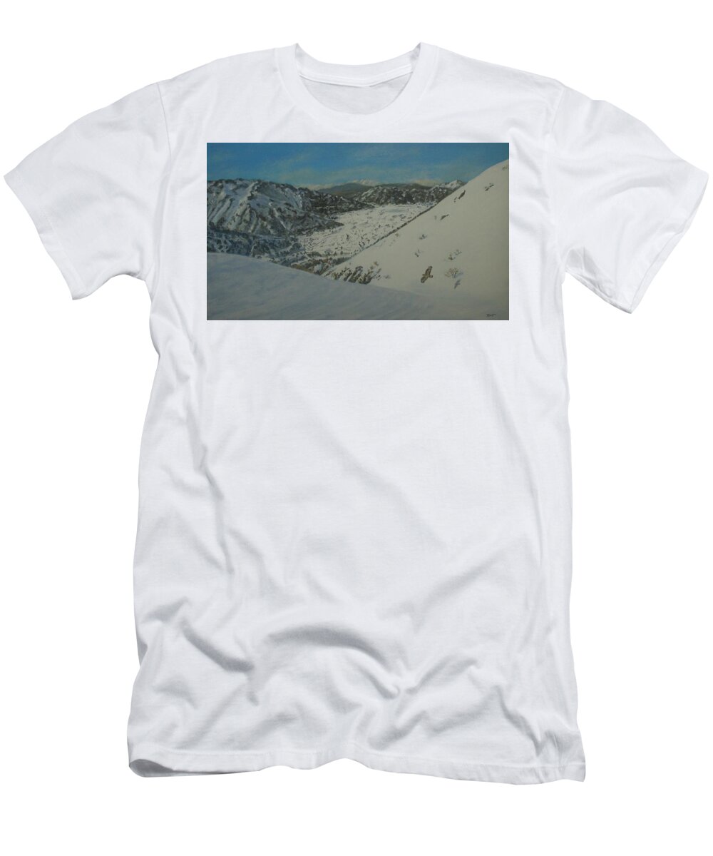 Omalos T-Shirt featuring the painting Omalos Plateau Crete in Winter by David Capon