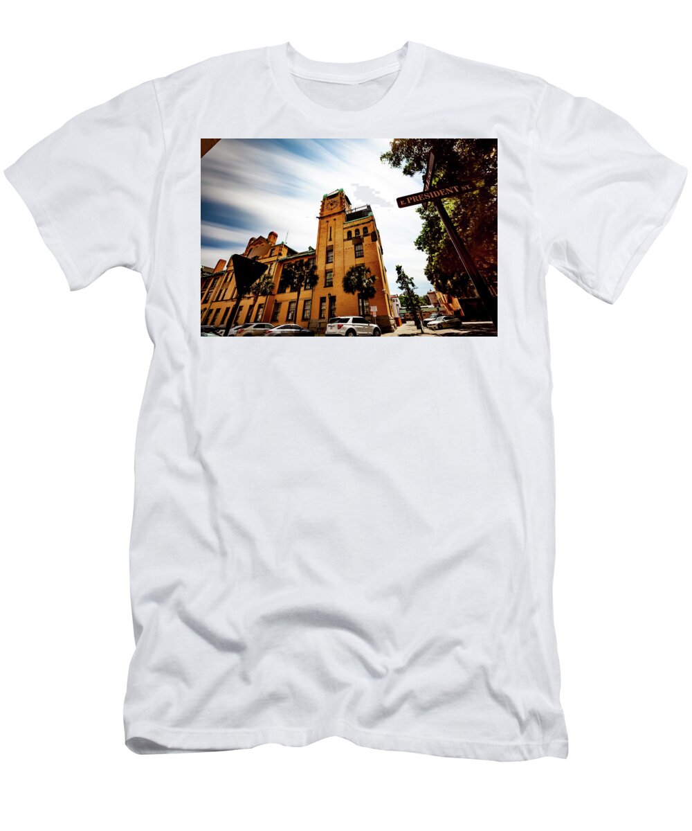 Savannah T-Shirt featuring the photograph On the corner of E.President and Bull st by Kenny Thomas