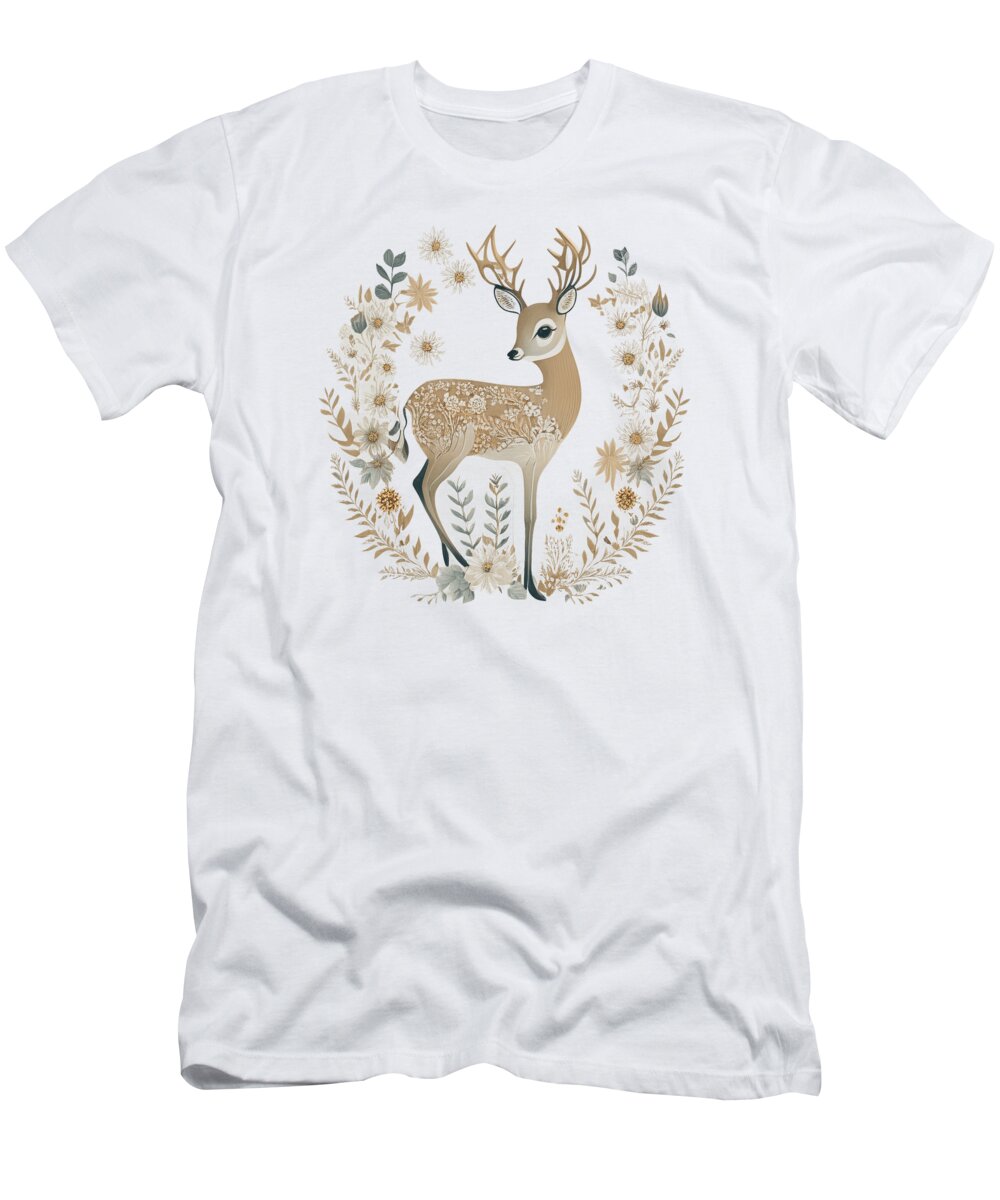 Animal T-Shirt featuring the drawing Ornamental fallow deer folk art, Scandinavian folk floral ornate deer fawn, Aesthetic animal art by Mounir Khalfouf