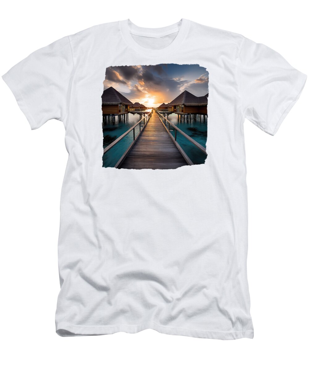Maldives T-Shirt featuring the digital art Overwater Bungalows in Maldives by Elisabeth Lucas