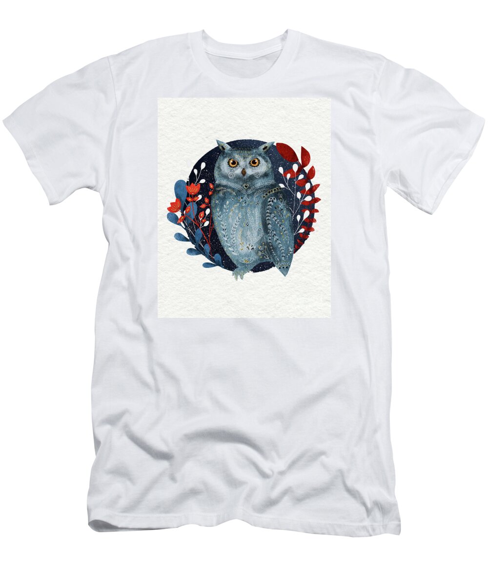 Owl T-Shirt featuring the painting Owl With Flowers by Modern Art