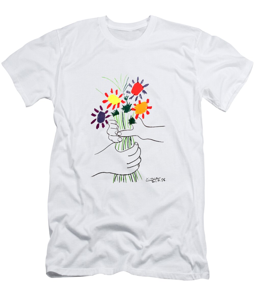  T-Shirt featuring the drawing Pablo Picasso - Bouquet of flowers by Terry Bill