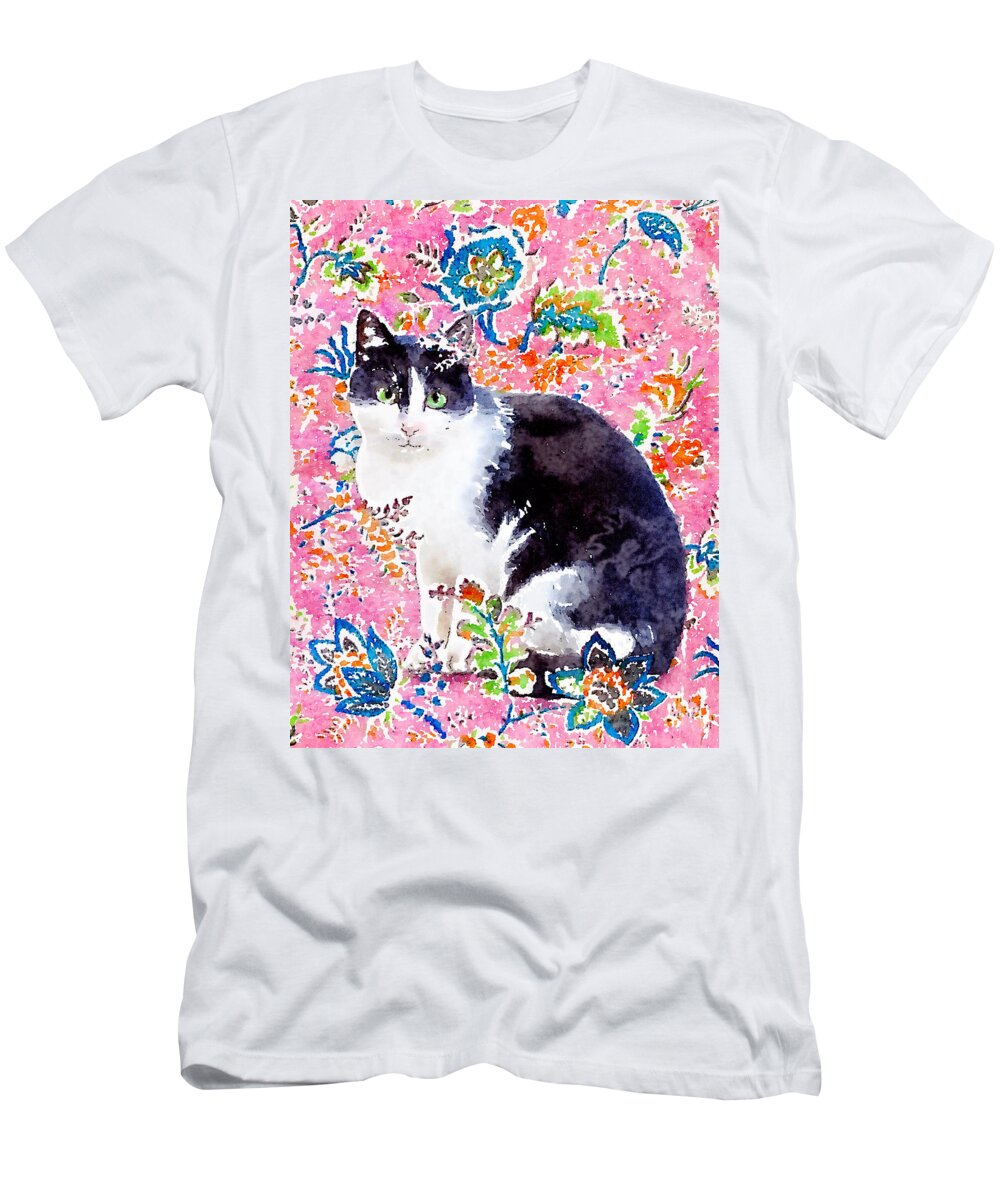 Cat T-Shirt featuring the digital art Black and White Cat in Pink by Zelda Tessadori
