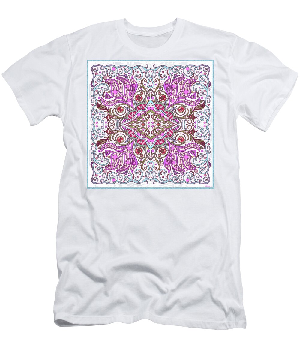 Pink Paisley Flowers T-Shirt featuring the mixed media Paisley Flowers with Fuchsia, Pinks and Reds Against a Turquoise and White Background by Lise Winne