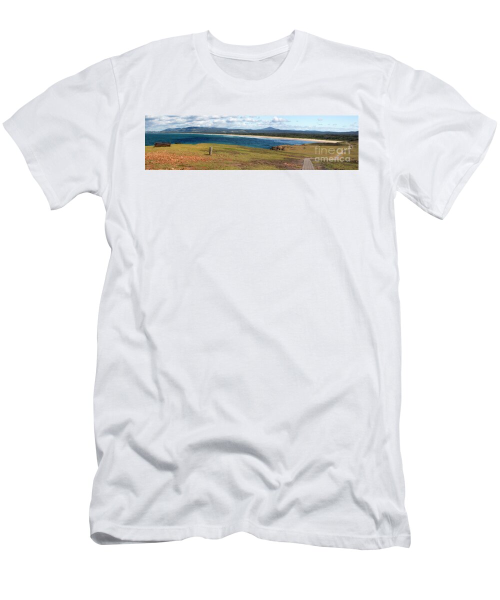 Panorama Of Look At Me Headland T-Shirt featuring the photograph Panorama of Look at Me Headland, Australia by Sheila Smart Fine Art Photography