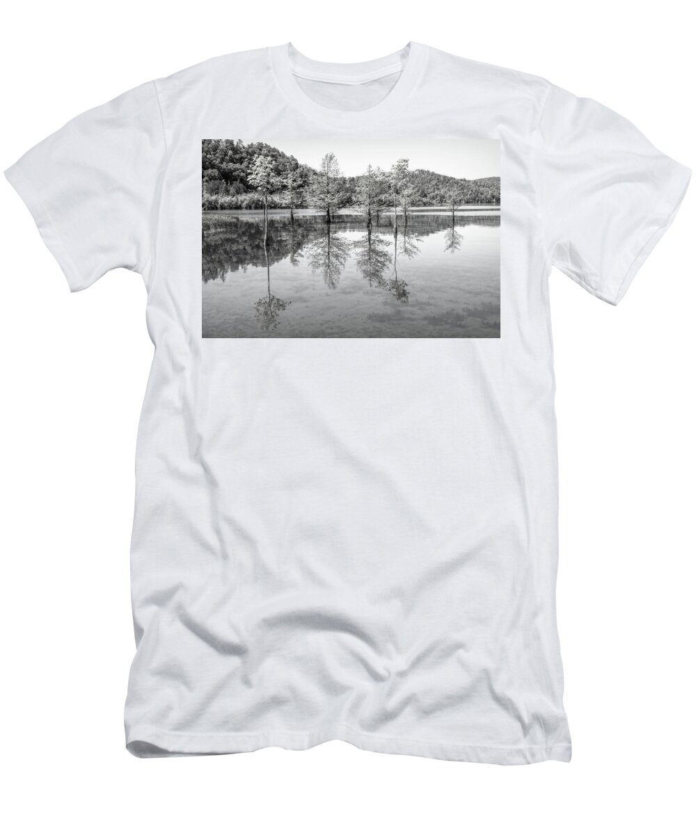 Carolina T-Shirt featuring the photograph Peaceful Cypress Reflections in Black and White by Debra and Dave Vanderlaan