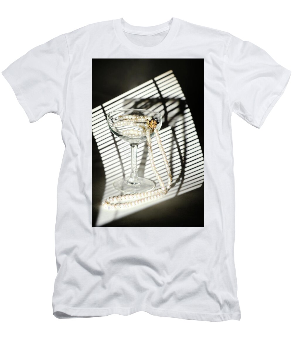 Russian Artists New Wave T-Shirt featuring the photograph Pearls Necklace in Wineglass by Dmitry Soloviev