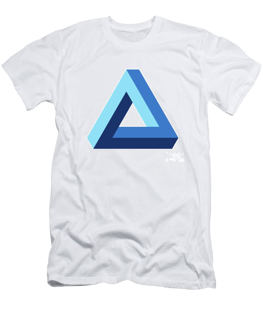 Penrose triangle, optical illusion, blue colored T-Shirt